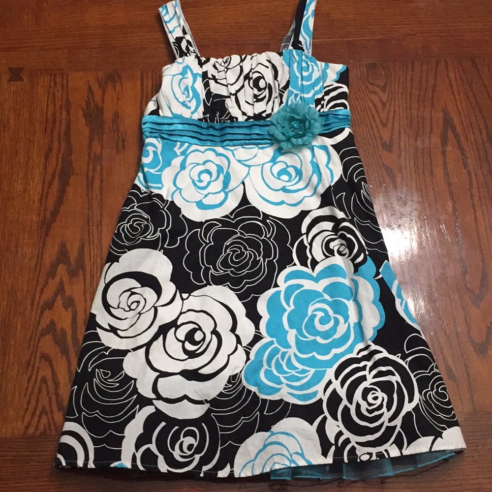 Blue, White, Black floral Child’s Dress + Sweater